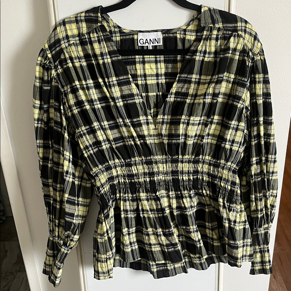 Ganni Black and Yellow Plaid Blouse